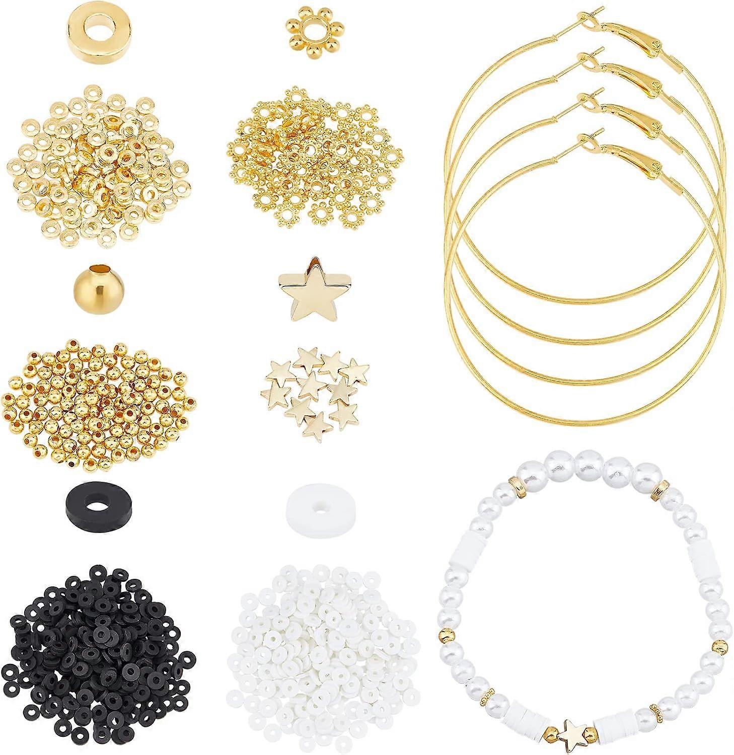 764 Pcs Flat Round Polymer Clay Beads Earring Making Kit Including Gold Spacer Round Beads & Tibetan Daisy and Pentagram Star Spacer Beads with Iron E