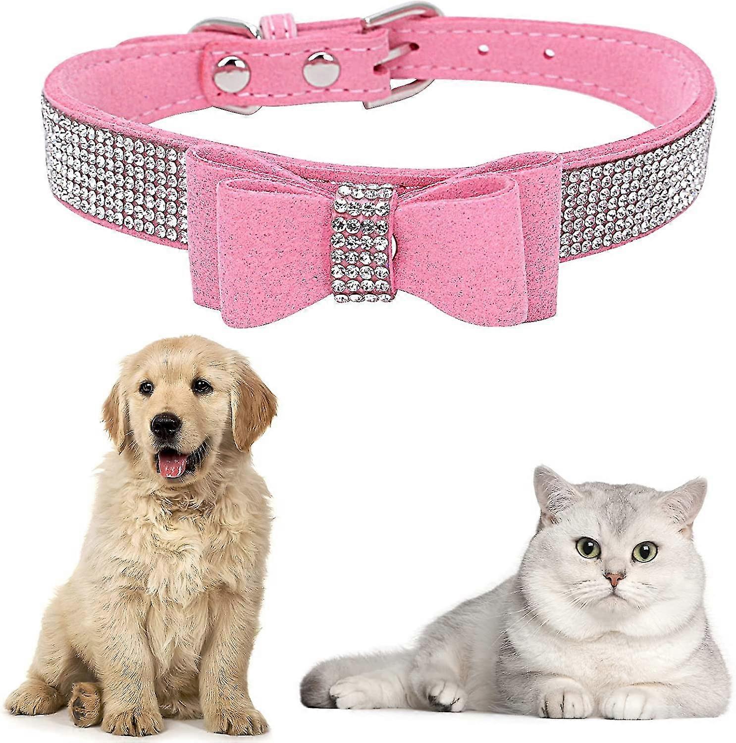 Dog Cat Collar With Bow Tie Adjustable Rhinestone Necklace Double-layer