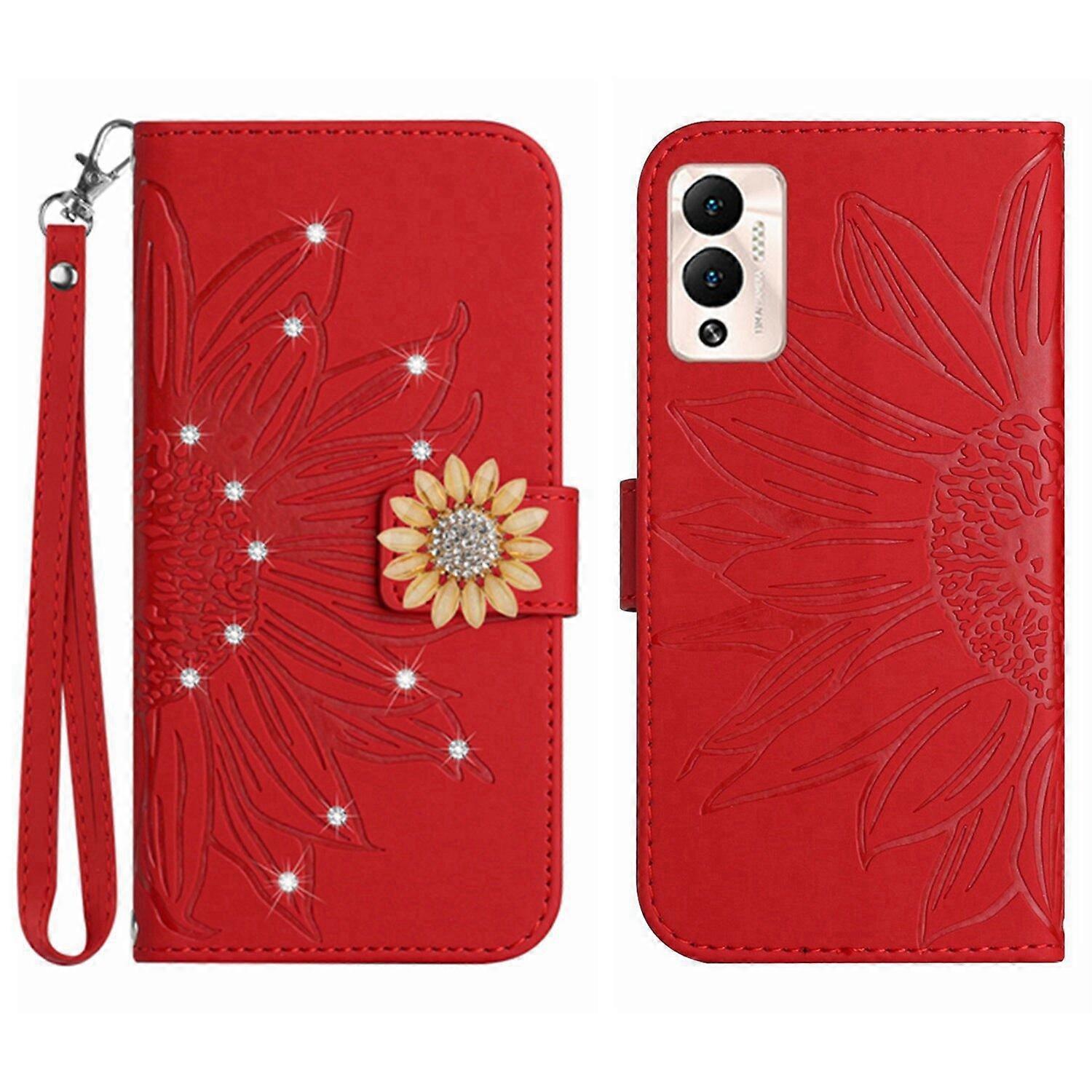 Compatible With Infinix Hot 12 Play Embossed Sunflower with Diamonds Magnetic Card Holder Wallet Phone Case with Short Strap