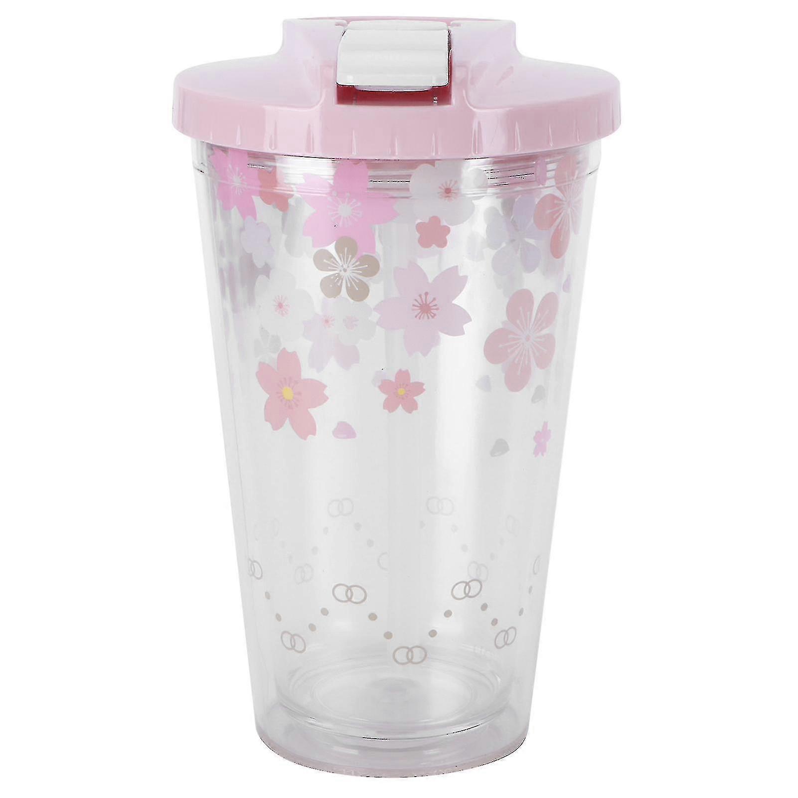 450ml Pink Flower Double Layer Portable Water Cup With Straw For Home And Office Use
