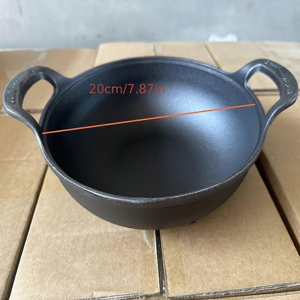 1pc, Cast Iron Wok, Traditional Uncoated Deep Stir-Fry Pan, Multi-functional Kitchen Cookware, Durable Cooking Pot With Dual Handles