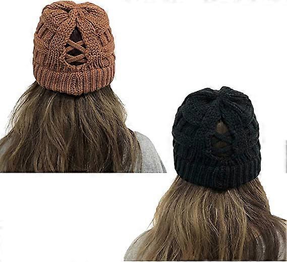 High fluffy small round hat with ponytail hole, warm small round hat knitted hat in winter