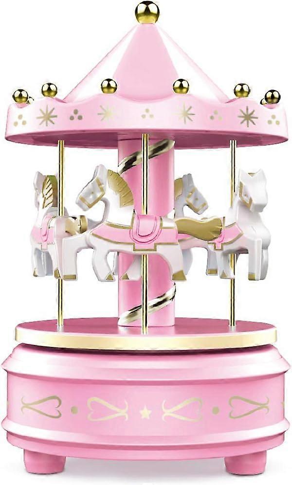 Carousel Music Box - Easy Twist, Pink - 4 Horse Classic Decor, Melody Beethoven's Fur Elise. Fall asleep to the lights of music or decorate your