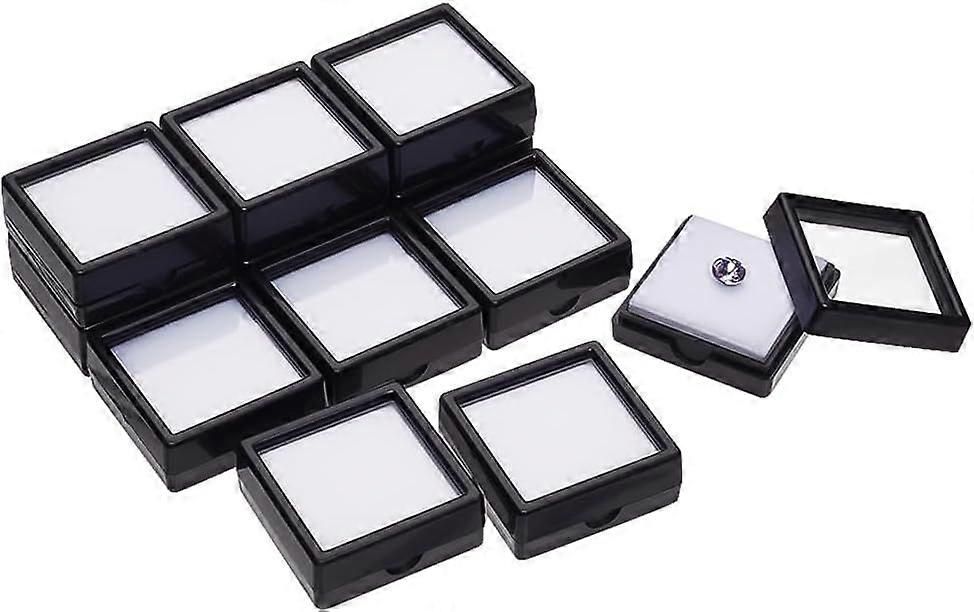 12 Pcs Gemstone Display Boxes 1.63x1.63x0.65 inch Black Plastic Square Jewelry Display Container Diamond Storage Box with Clear Glass Top Lids and Whi