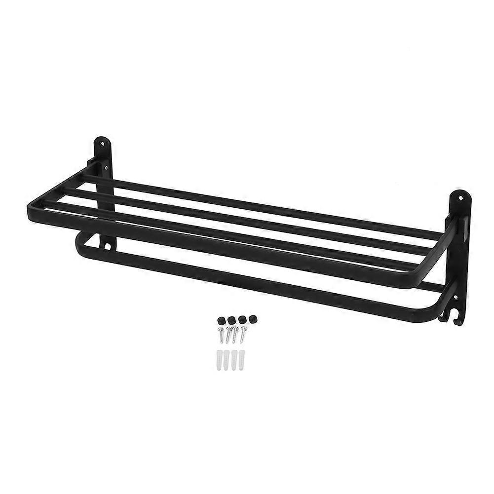 Bathroom Wall Mounted Black Double Layer Folding Towel Rack Storage Holder Shelf
