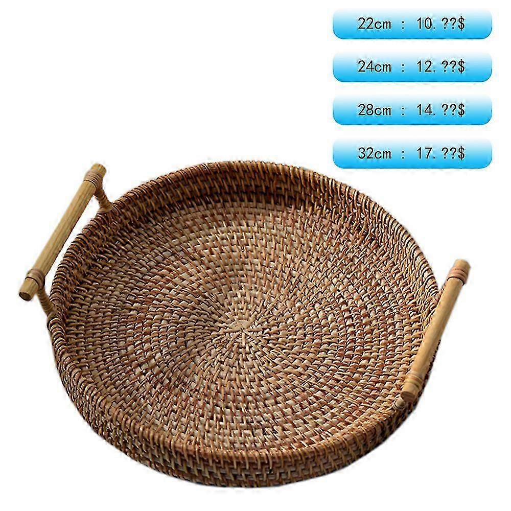32 سنتيمتر الروطان المنسوجة يدويا جولة تقديم صينية تخزين الطعام مع مقابض خشبية سلة الخوص صينية خشبية لسلة خبز الفاكهة