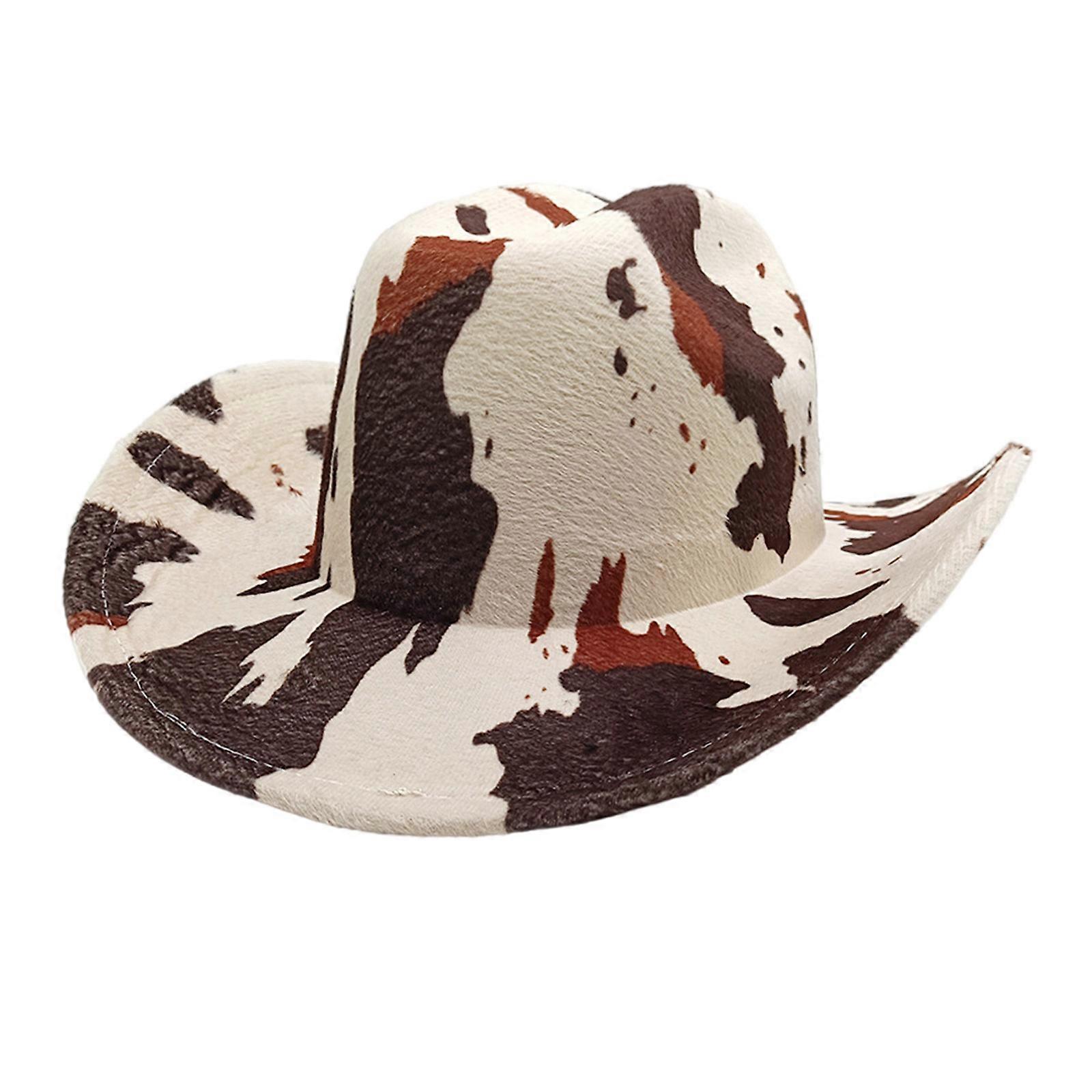 Stylish Western Fedoras Hat with Leopard Pattern Wide Brims Top Hat Great for Music Festival and Masquerades Party Cow pattern