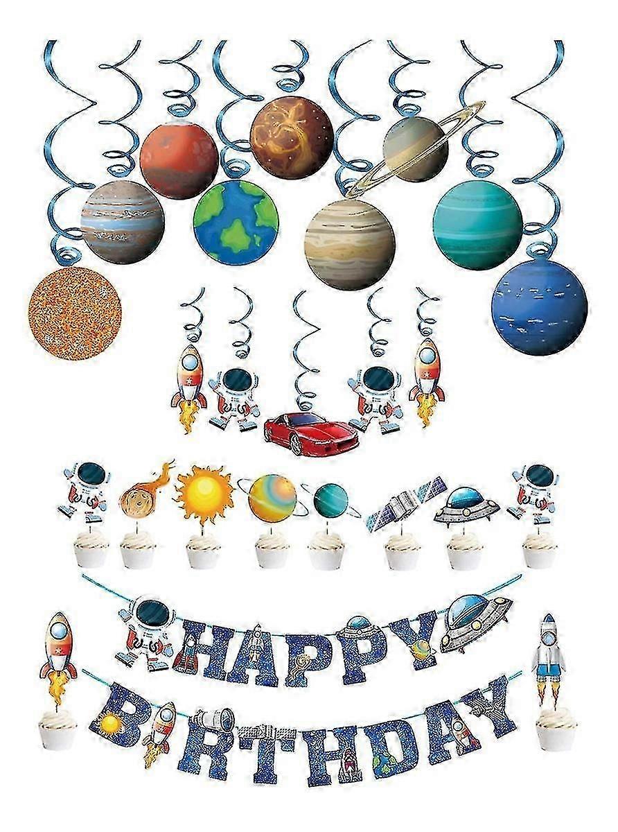 26 Piece Space Themed Party Supplies, Astronaut Party Birthday Banner Set Rocket Astronaut Nine Planets Spiral Charm Cake Insert (mutilcolor) (1set)