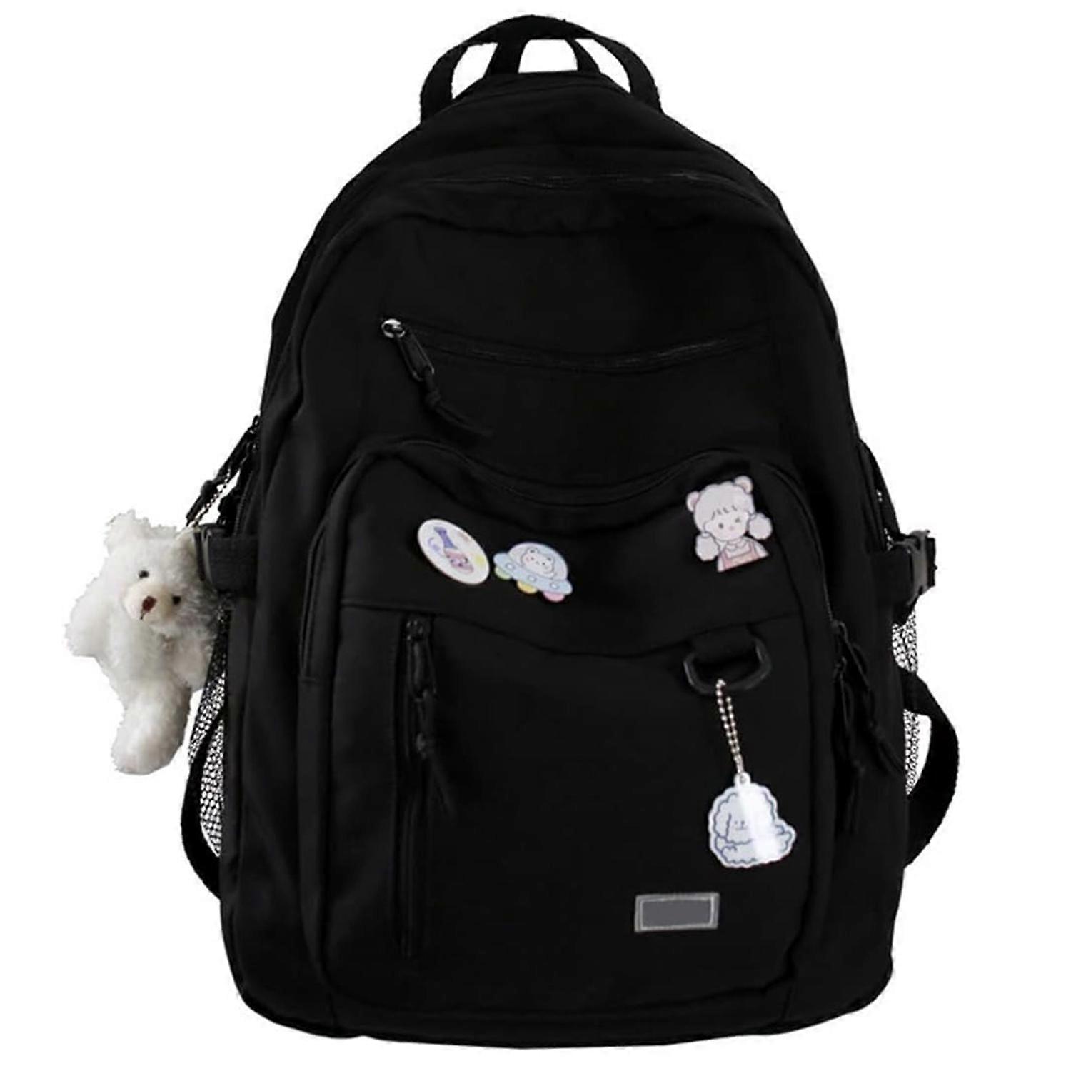 Black Student Backpack with Hanging Charms, Waterproof