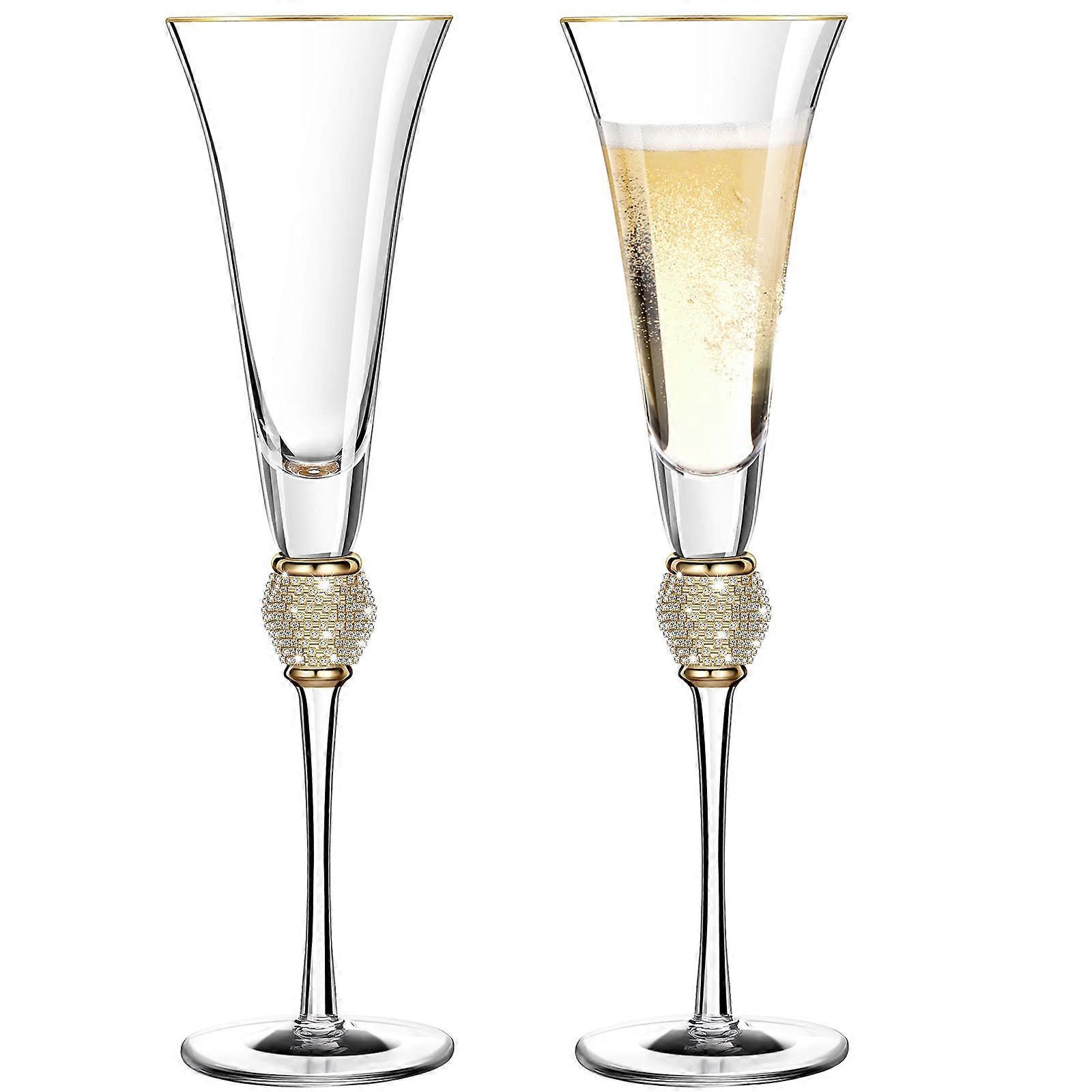 2-Piece Rhinestone Champagne Flutes Set, 7 Oz Long Stem Glasses with Diamond Rim, Elegant Crystal Drinkware for Celebrations