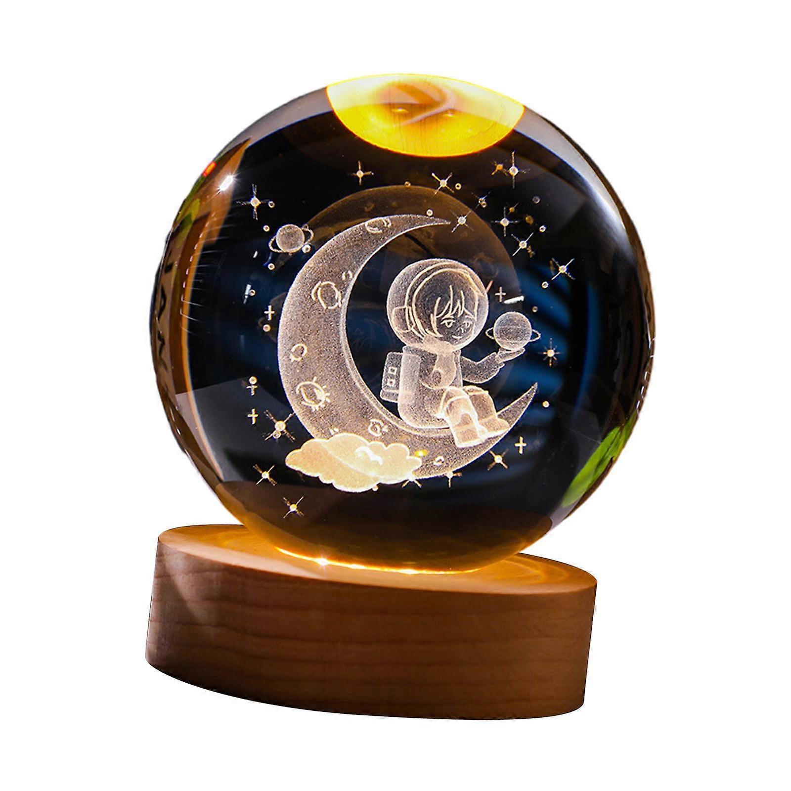 6cm Clear Ball Night Light Projection Lamp Table Ornament Wooden Base with USB
