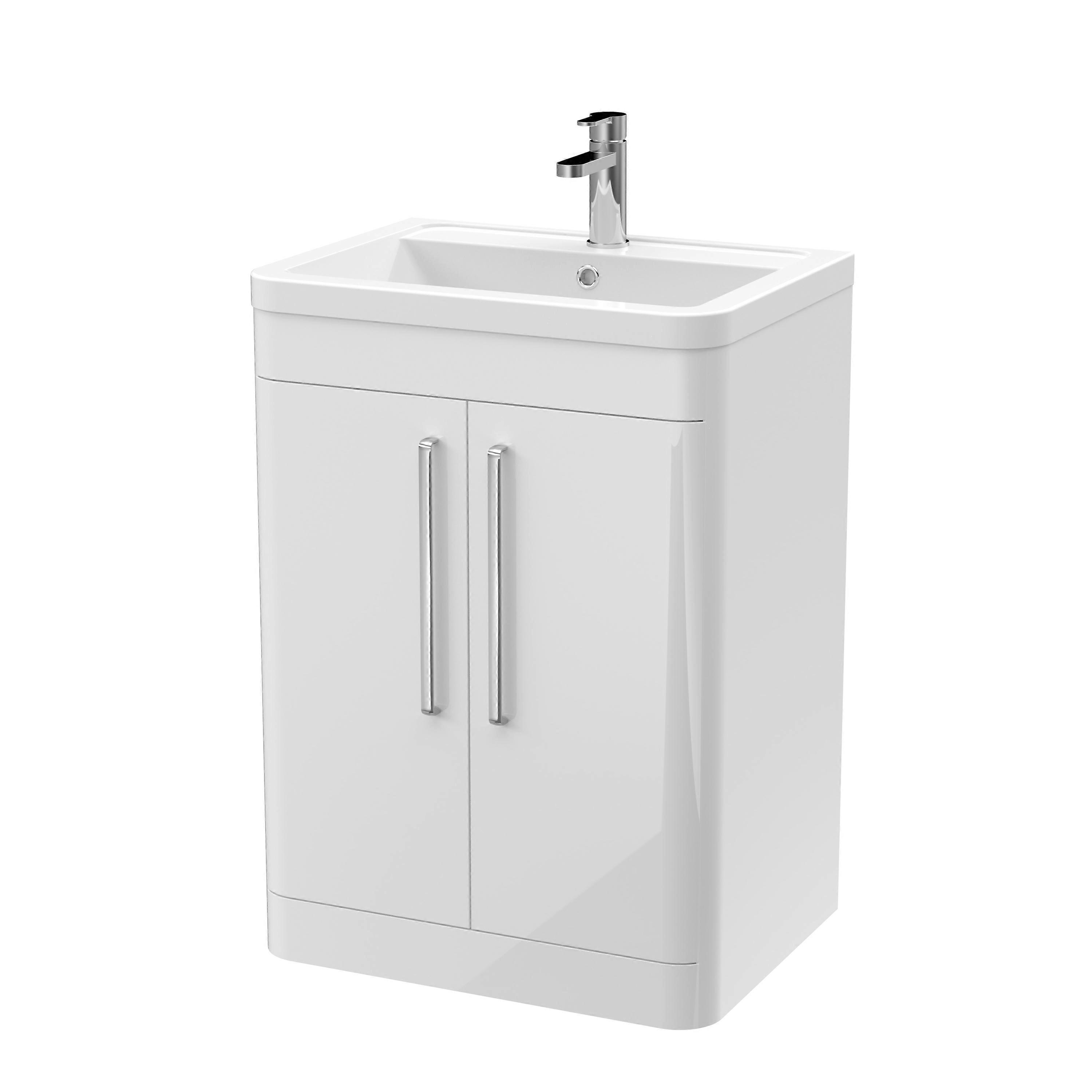 600mm - Floor Standing 2 Door Bathroom Vanity Basin Unit, Ceramic Gloss White