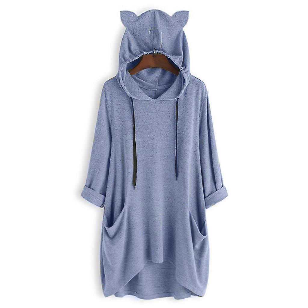 Womens Long Sleeve Drawstring Hoodis Cute for Cat Ears Cap Solid Color Pullover  XXL Blue
