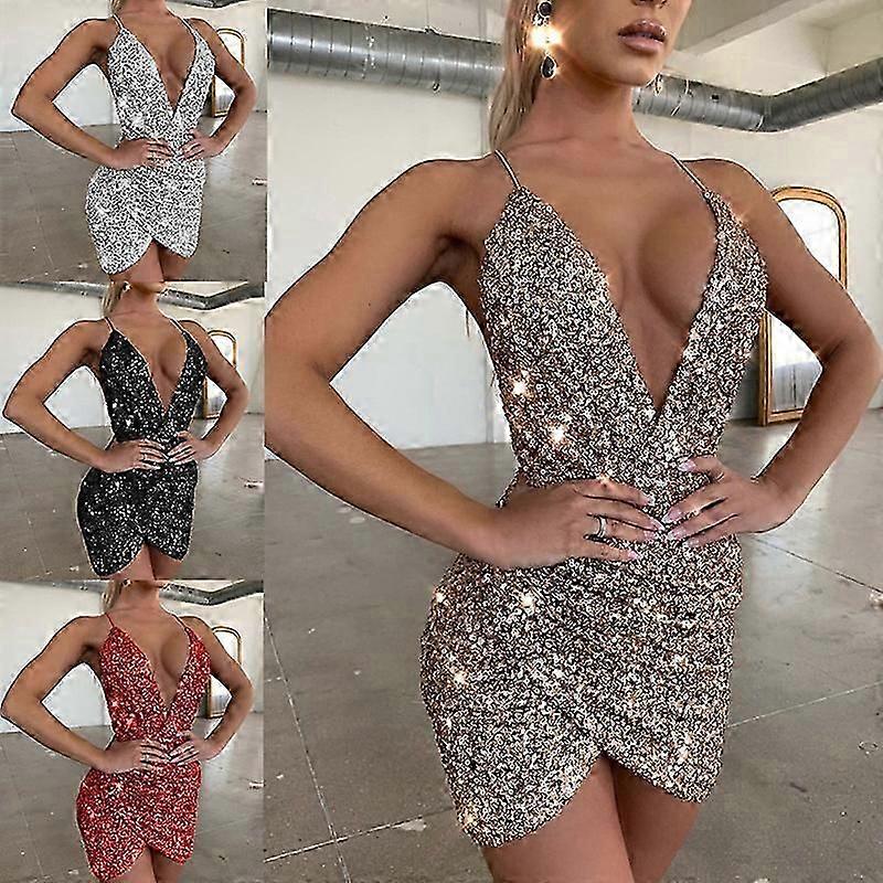 Sexy col en V Hanche Dos Ouvert Dos Robe à paillettes Irrégulière