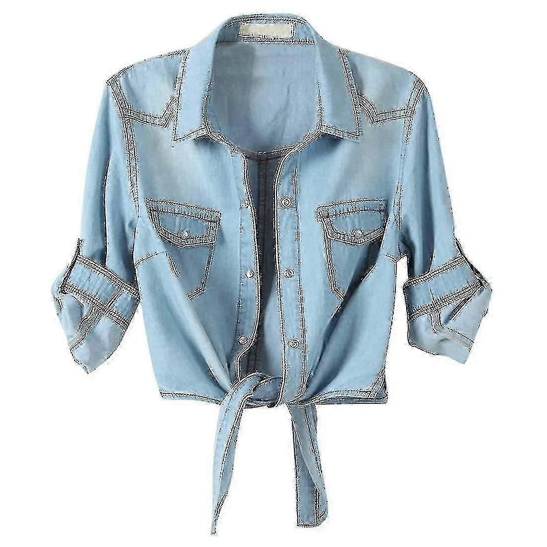 المرأة عارضة 3/4 كم زر أسفل المحاصيل جان أعلى عقدة التعادل الدنيم قميص سترة