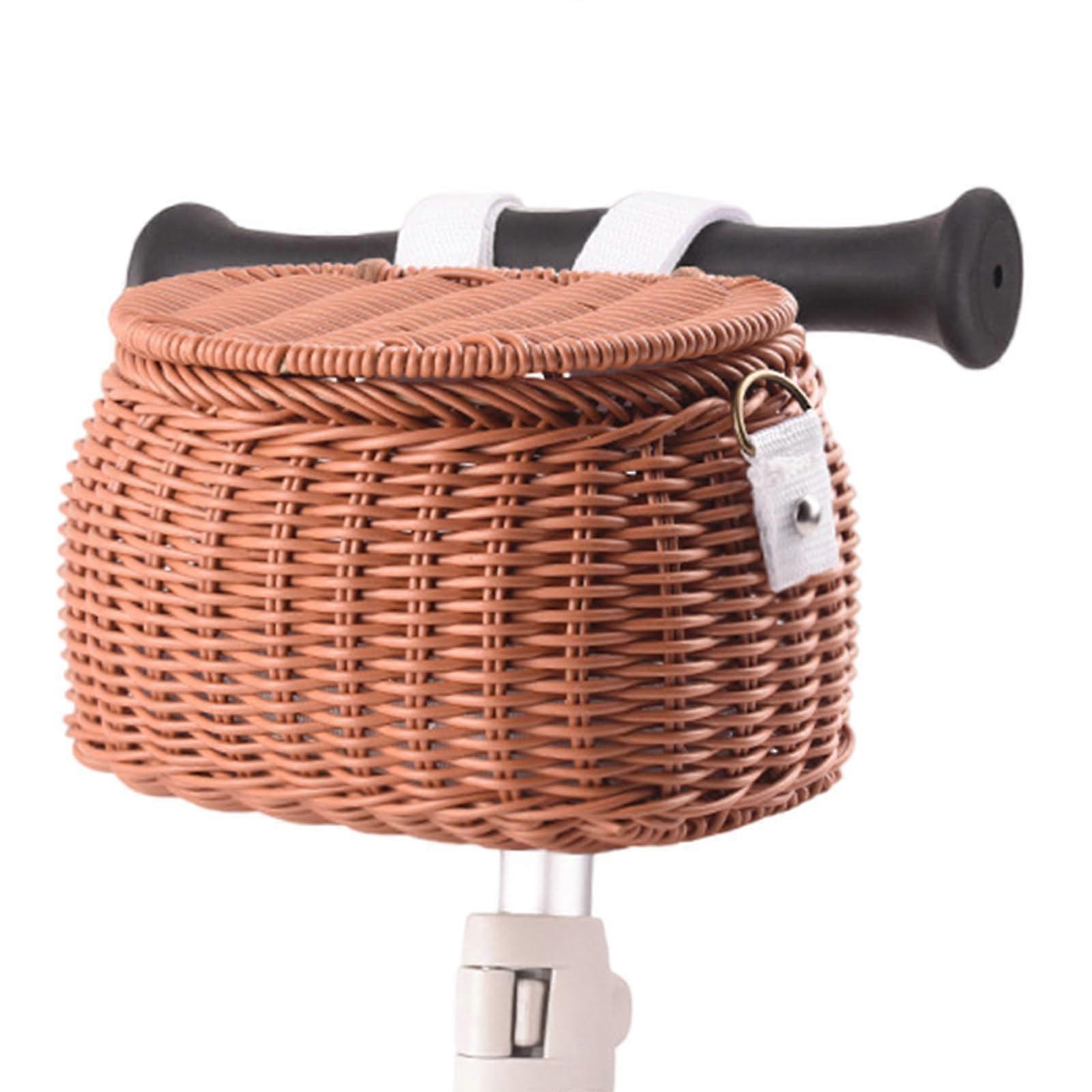 Fahrrad-Weidenkorb Vorderlenkerkorb mit Gürtel und Deckel für Kinderfahrräder, langlebiger gewebter Rollerkorb