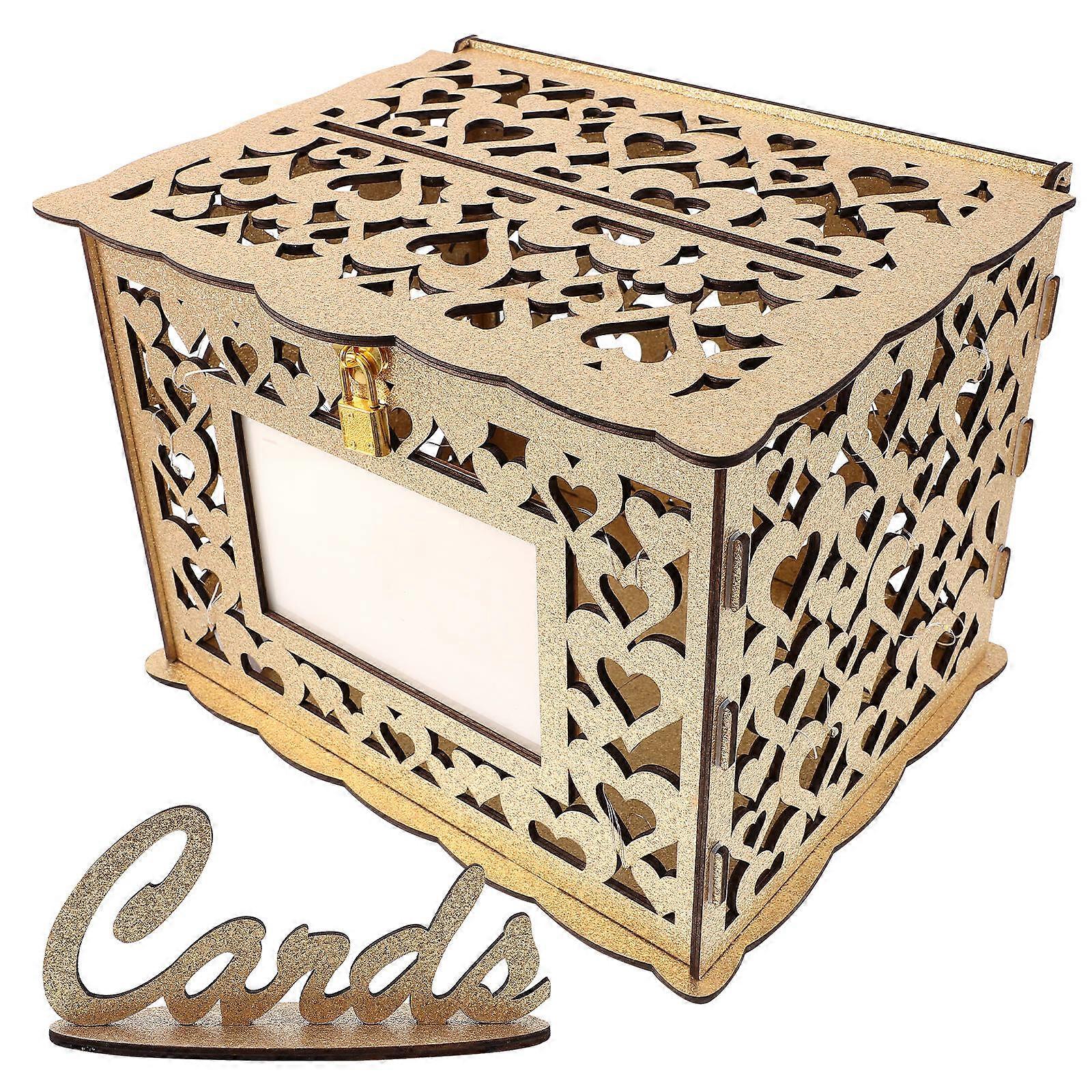 Wooden Wedding Box with Hollow Design and String Lights – DIY and Postcard Storage for Wedding Party Decorations