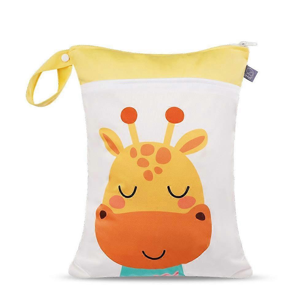 Baby Nappy Bag, Dry and Wet Bag with Zip, Reusable Cartoon Animal Pattern, Hanging Nappy Organiser Bag for Travel, Beach (30 x 40 cm, Giraffe)