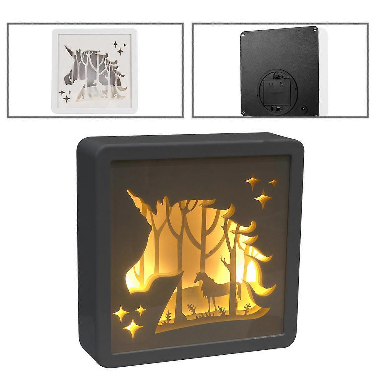 Paper Sculpture Lamp 3D Paper Light Box Unicorn Square Retro Handhold Lighting 1Set