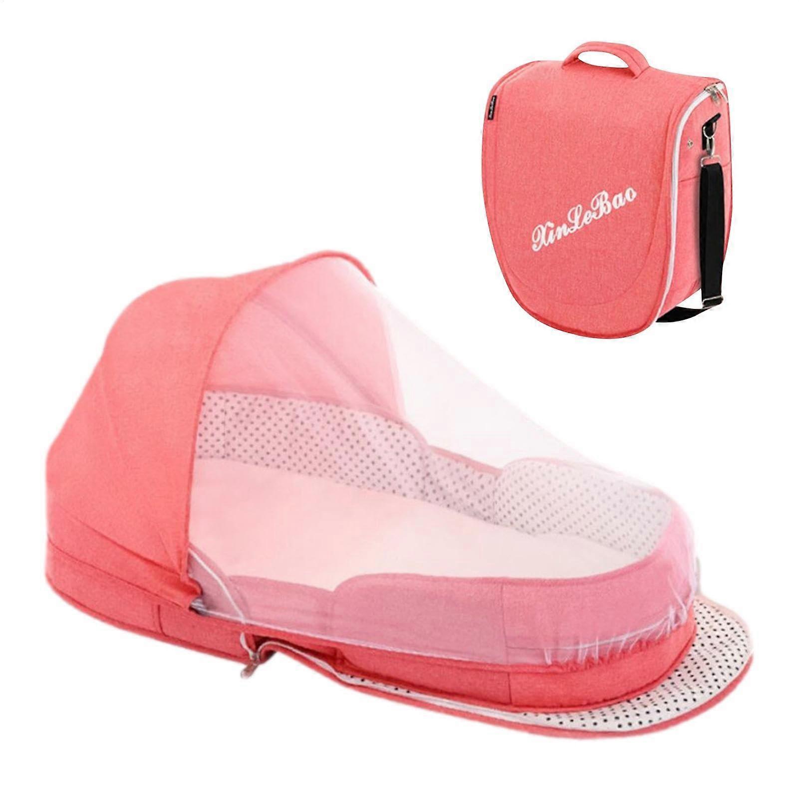 Foldable Portable Baby Cot with Mosquito Net  Awning  Lightweight  Pink