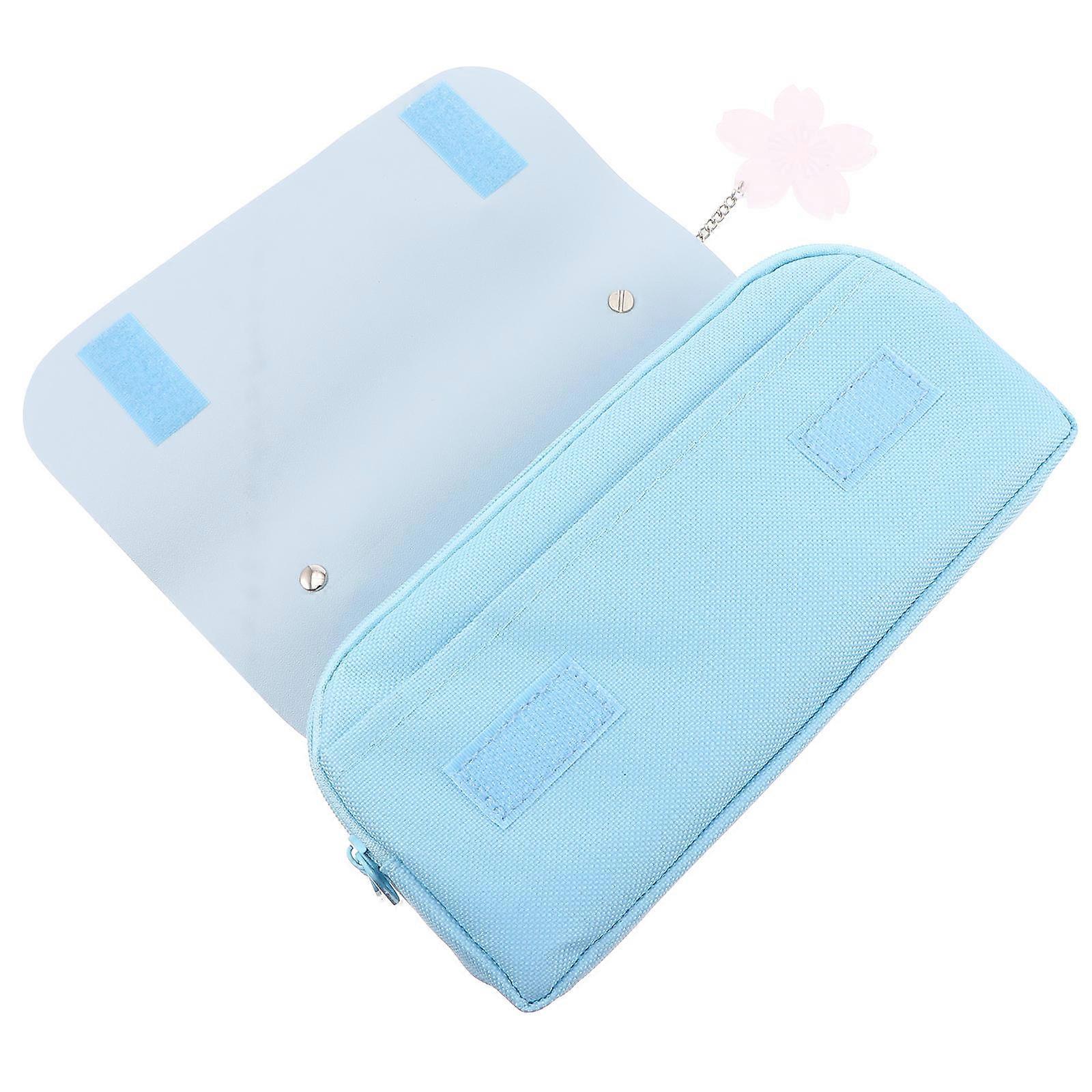 Blue Student Pencil Case with Double Layer Design and Detachable Ornament Portable for School Use