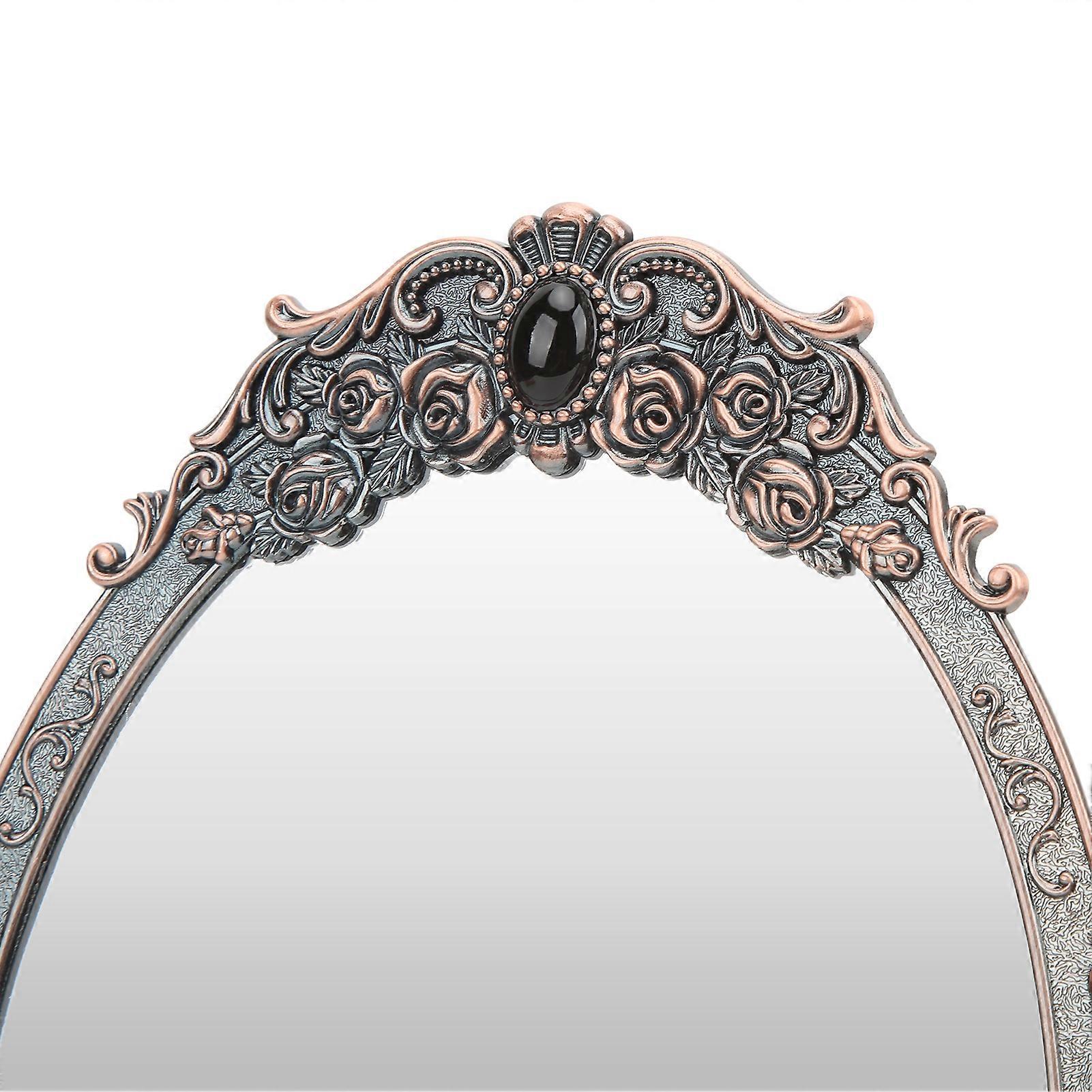 Retro Desktop Makeup Mirror Floral Embossed Beaded Edges Clear Image Functional Vintage Mirror DecorationRed Copper