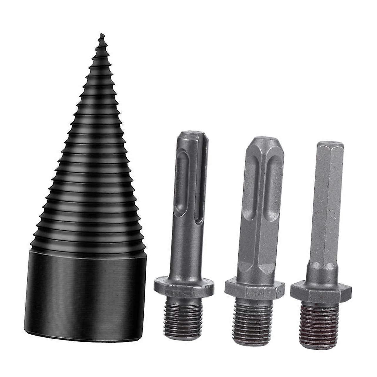 Electric wood splitter drill bit with multiple handles, powered by electricity for easy wood splitting.