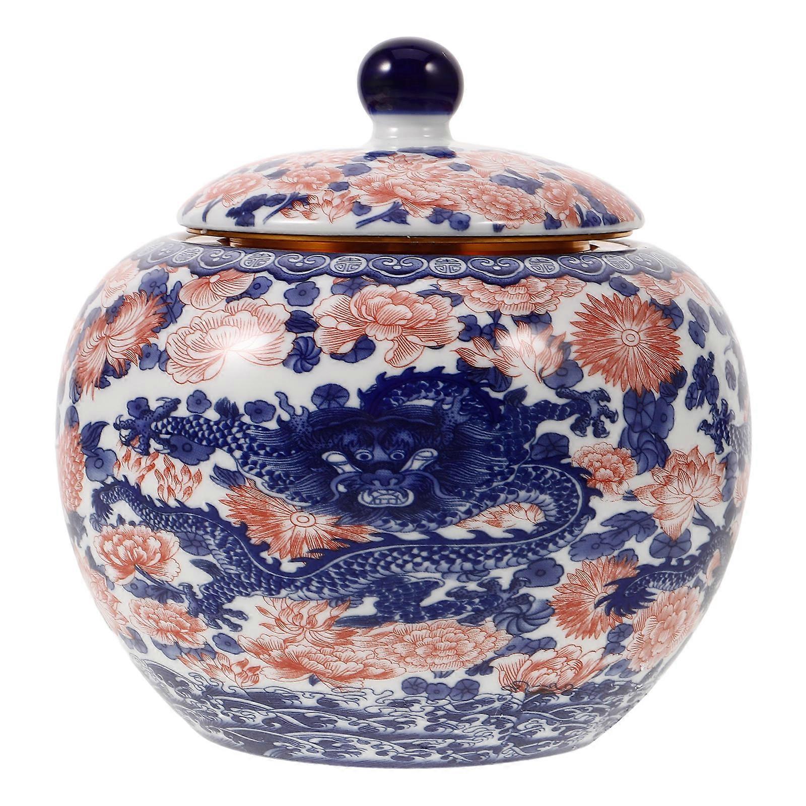 Ceramic Tea Canister with Lid Traditional Jar for Tea, Dried Fruits & Condiments Classic Chinese Design Storage Container