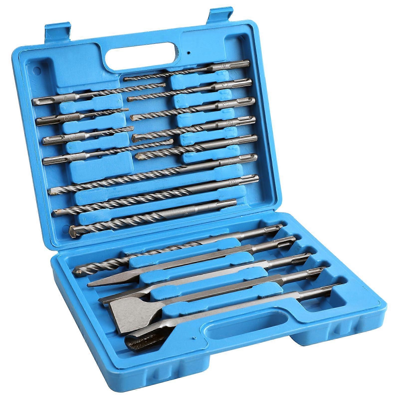17 Piece SDS Plus Hammer Drill and Chisel Set for Concrete, Masonry, and Brick with Carbide Tip and Storage Case
