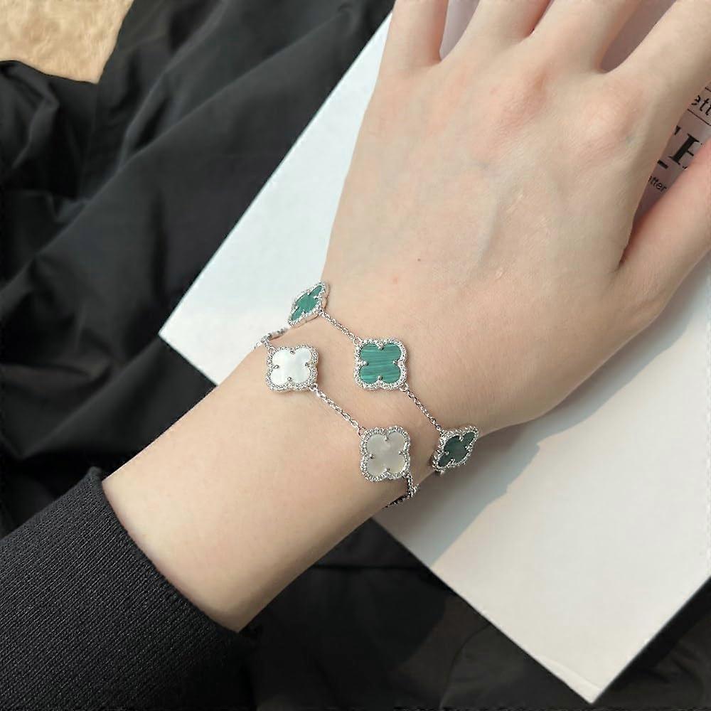 Unique Four Leaf Clover Bracelet for Women and Men, 925 Sterling Silver, Lucky Clover Design in White, Black, Green Colors