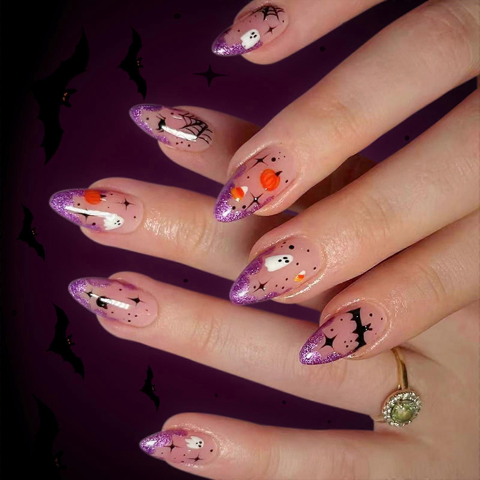 24PCS Halloween False Nail Set Glittering Spiderweb Ghosty Pattern Non Toxic ABS Press On Nail With Multiple Sizes Multicolor