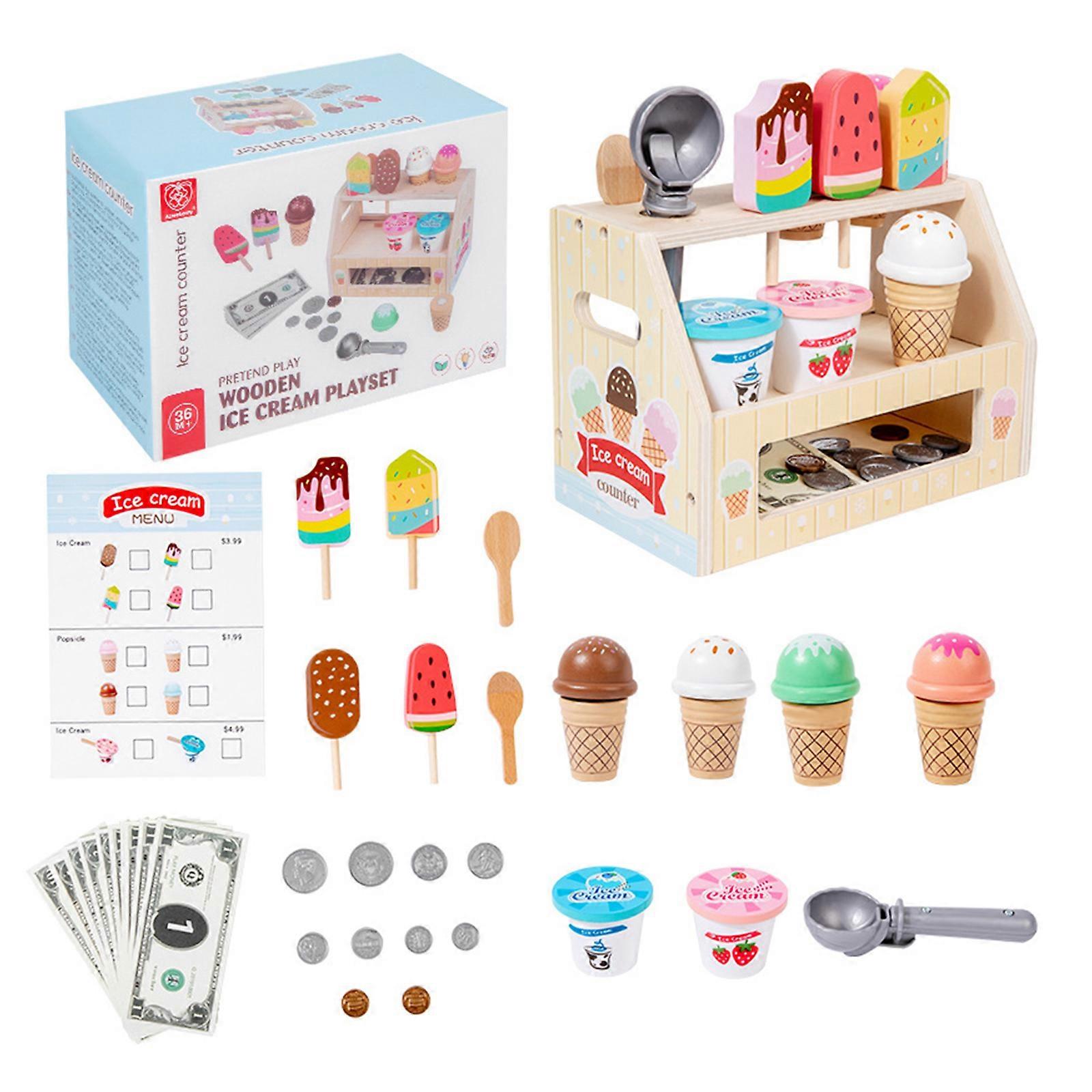 Educational Wooden Ice Cream Model Playset Develops Communication Skills Creative Play  Wooden