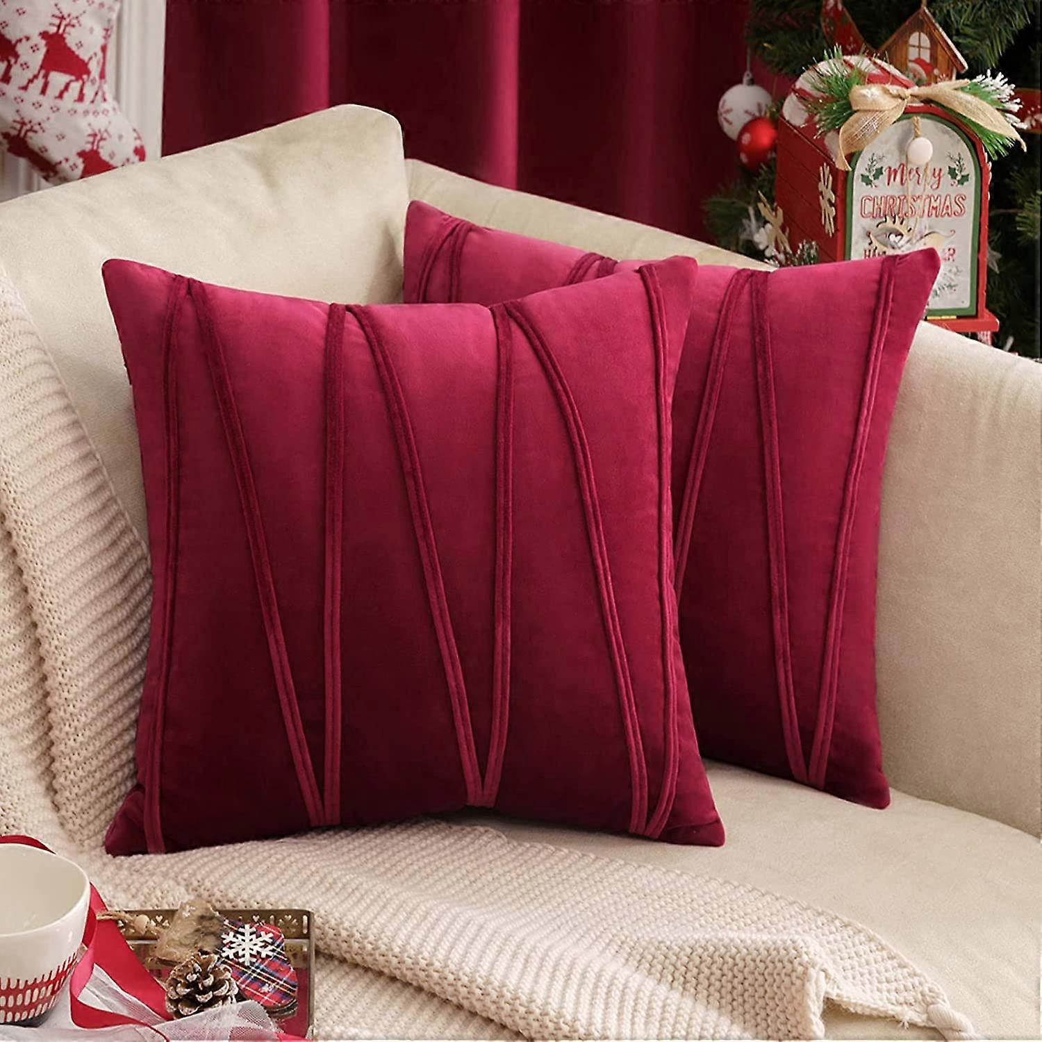 2 Boho Velvet Throw Pillow Decorative Soft Solid Outdoor Cushion For Couch Bed Sofa (inserts + Pillow Covers,  Wine Red)