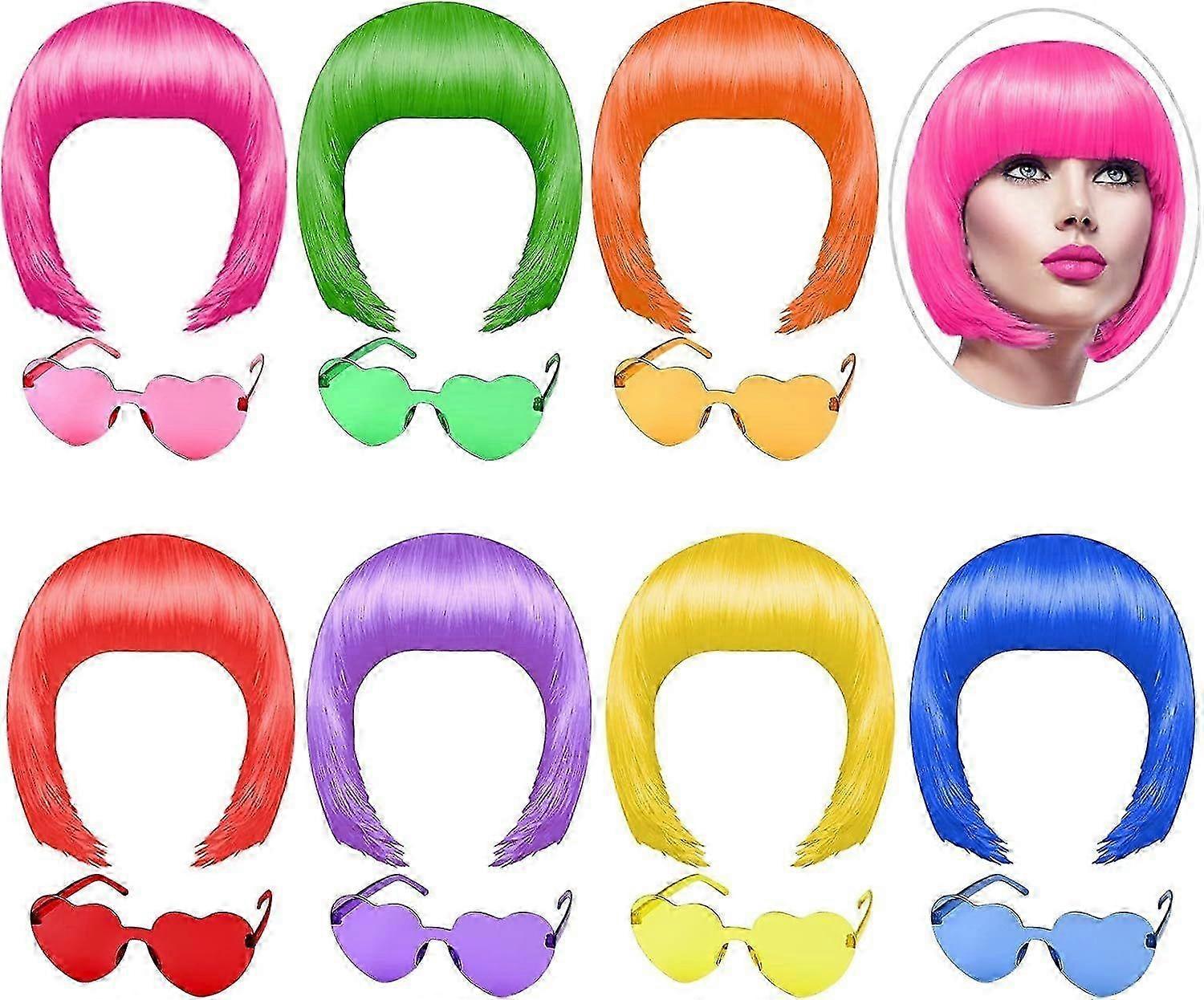 2025 Latest Model 14 Pcs Neon Short Bob Wigs & Sunglass Set - Colorful Party
