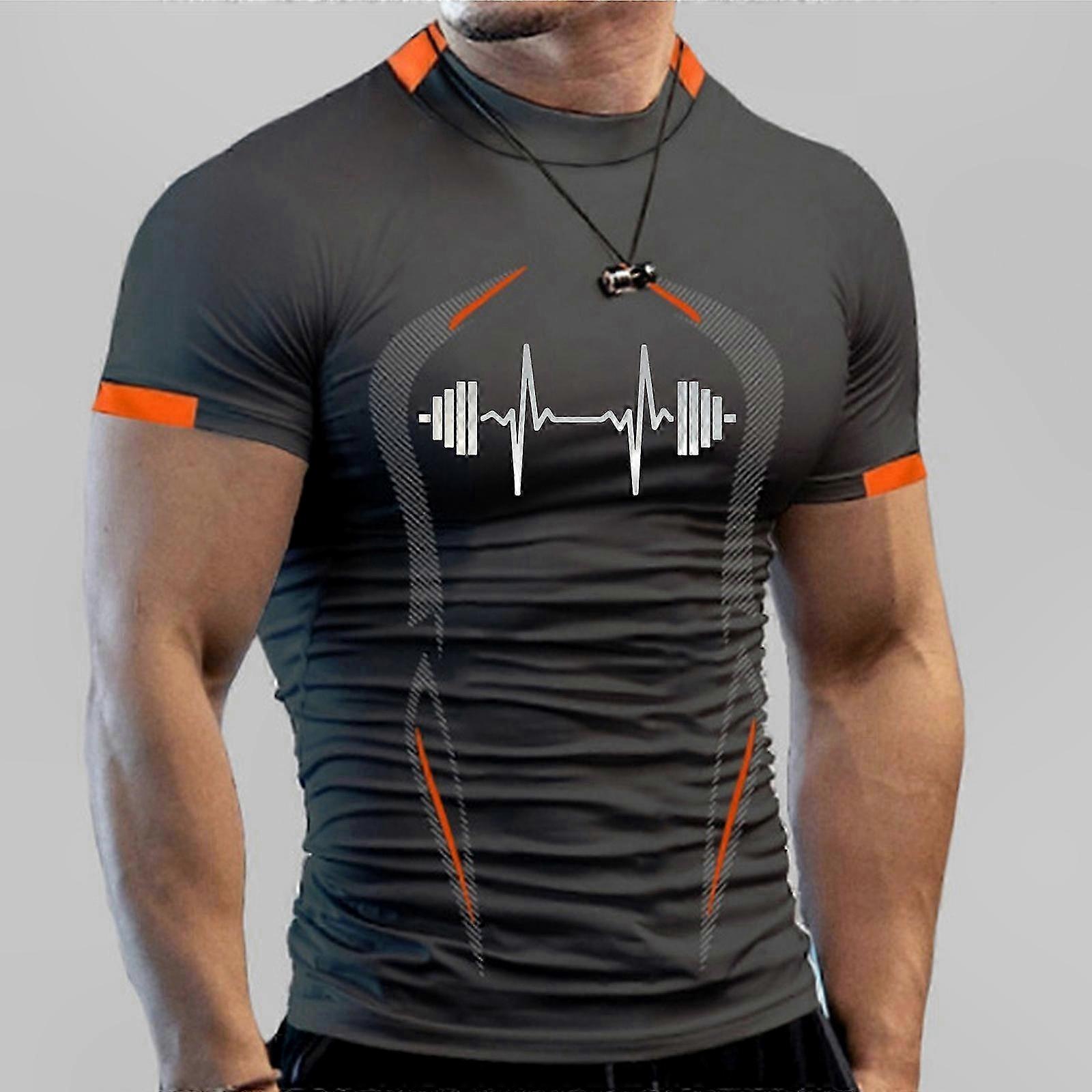 تي شيرت رجالي سريع الجفاف ومسامي بأكمام قصيرة للياقة البدنية والتدريب بطبعة دمبل