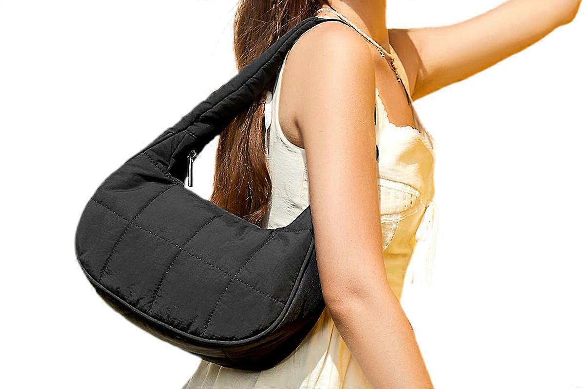 Puffer Crescent Shoulder Bag Quilted Handbag with Adjustable Strap -Black