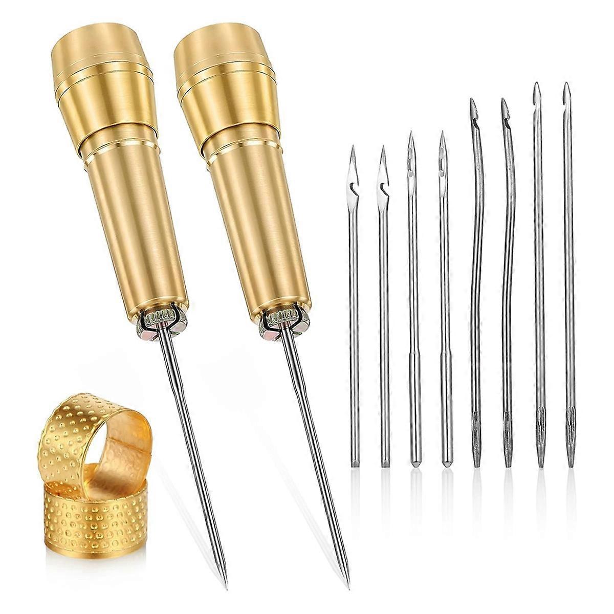 14 PCS Läder Sy Syel Set med kopparhandtag, Läder Synål Syl för Läder Hantverk Syverktyg