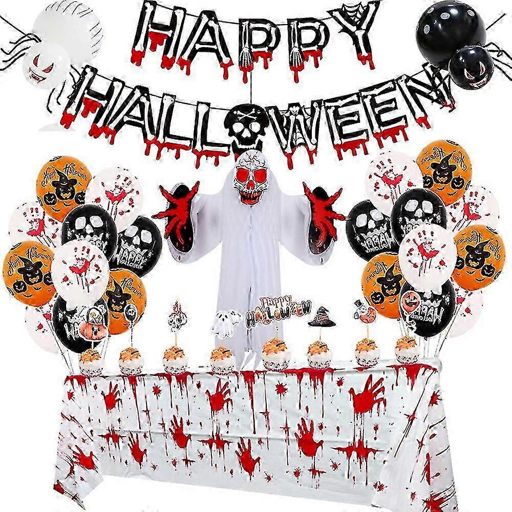 Bloody Skull Decorations Supplies Happy Halloween Party Banner Spooky Balloons Kit Tablecloth Cupcake Toppers Creepy Set