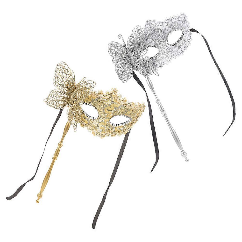 Masquerade Handheld Mask with Stick for Adults and Cosplayers Assorted Color Plastic and Fabric for Performance 2Pcs