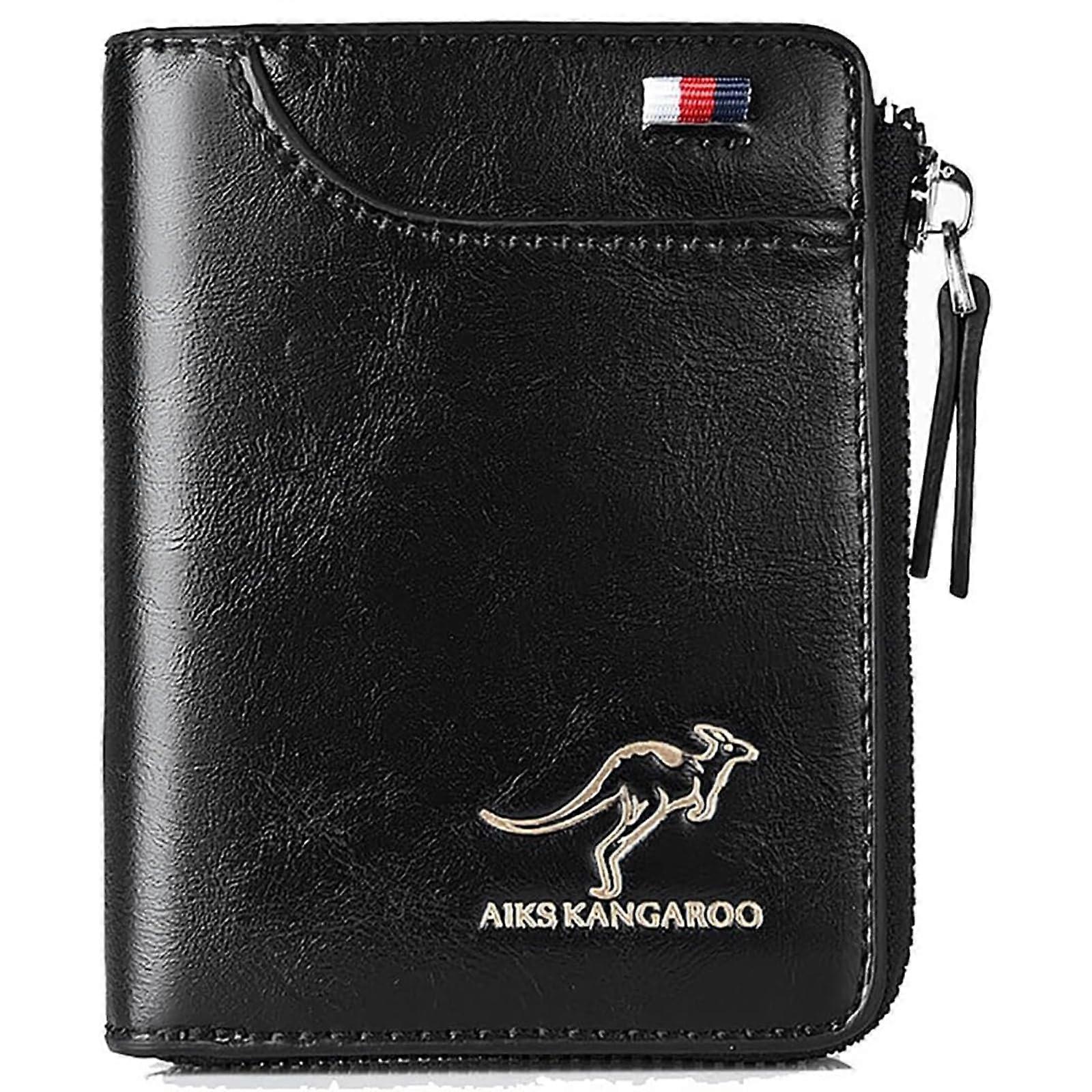 Men Wallet Zippered Purse  Leather Wallets RFID Protected Retro Black