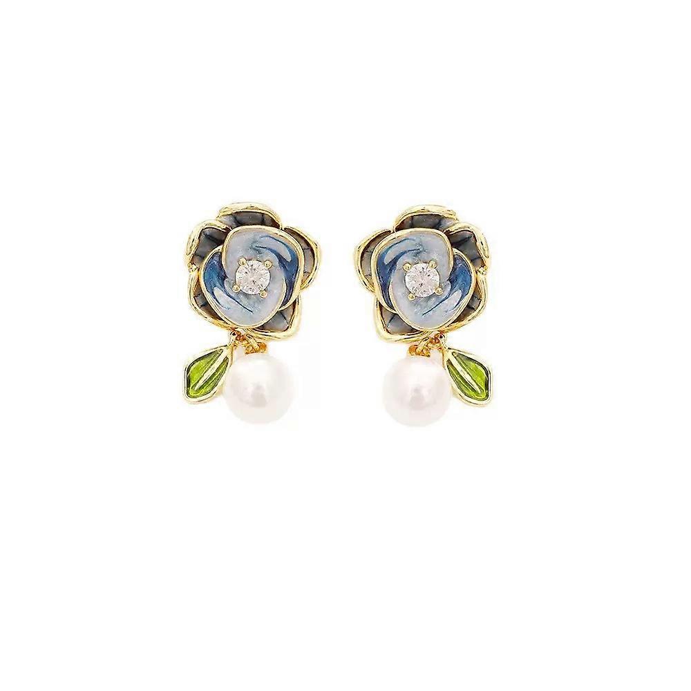 עגילי פנינה קמליה, תכשיטי אוזניים אלגנטיים וינטג' עם פרחי אמייל זיגוג לנשים