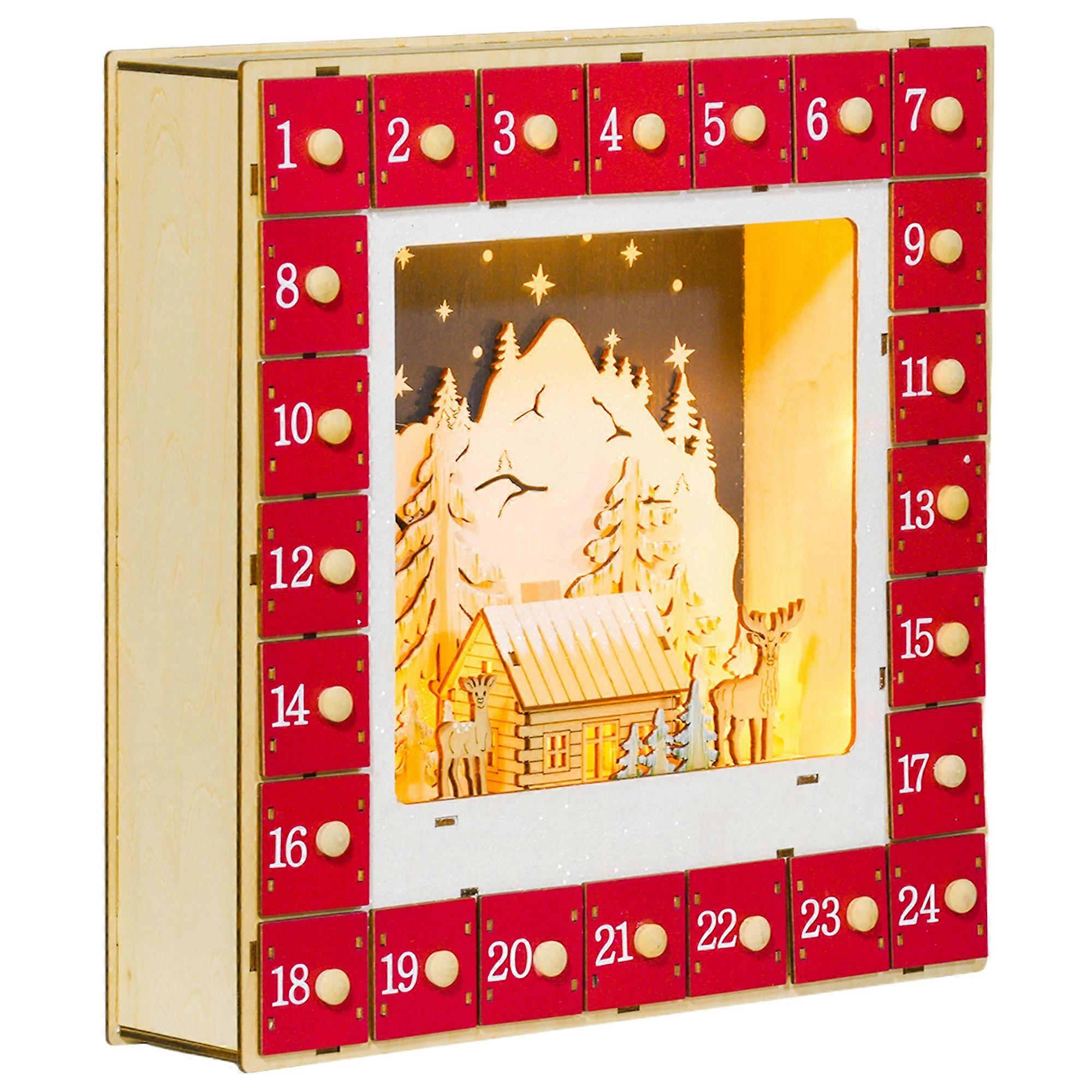 HOMCOM Fillable Advent Calendar 24 Drawers LED Lights Red DIY
