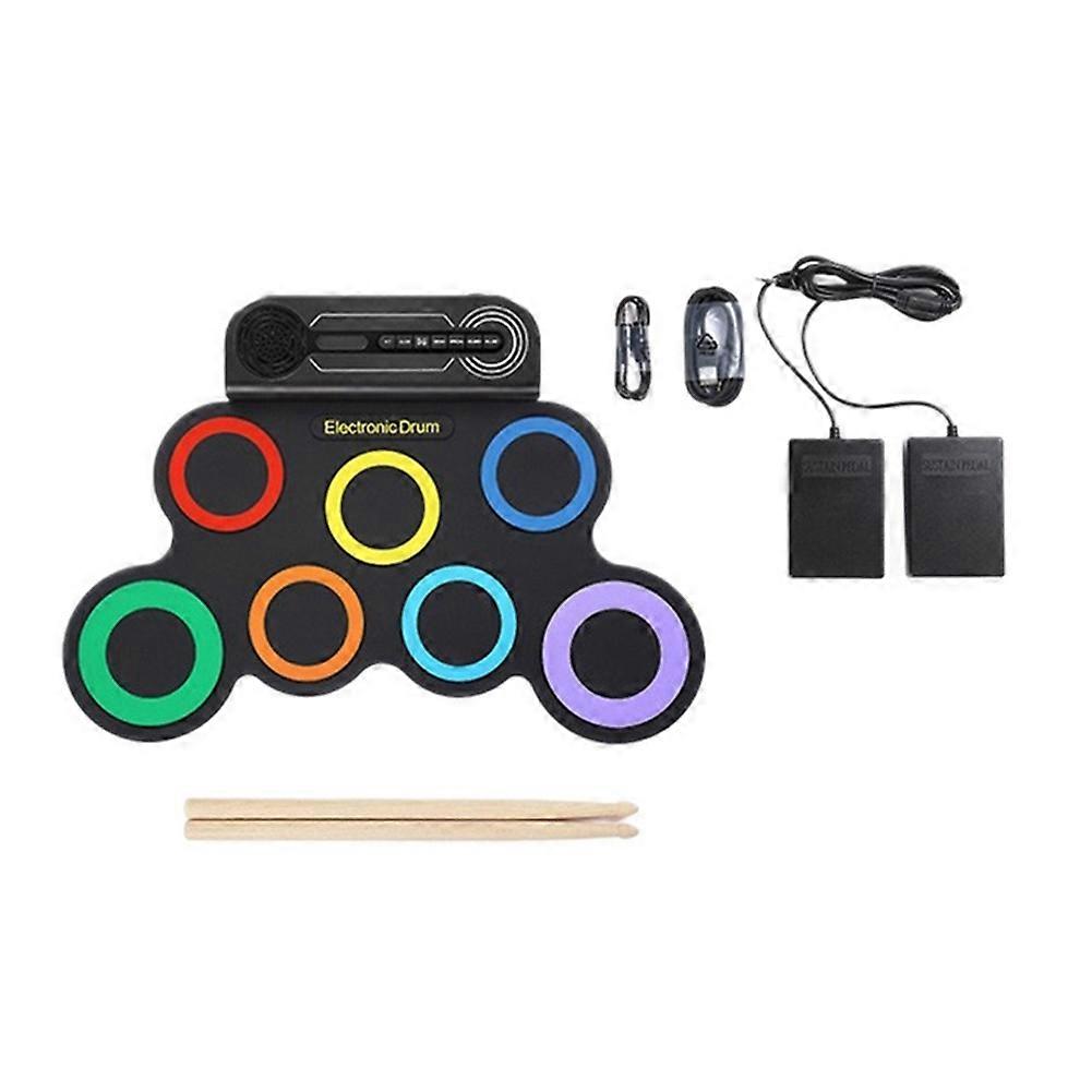 Electric Drum Set Built-in Speaker, Kids Portable Roll Up Drum Machine with 2 Foot Pedals, Drumsticks Multicolor&Black