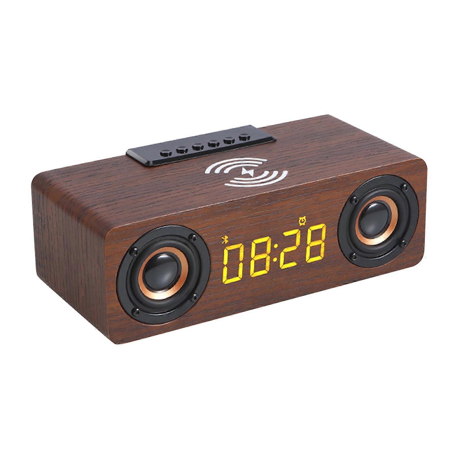 PAVEOS Wireless Charging Wooden Retro Alarm Clock with Bluetooth Speaker, 10W Charging, Compatible with iPhone/Samsung, Brown