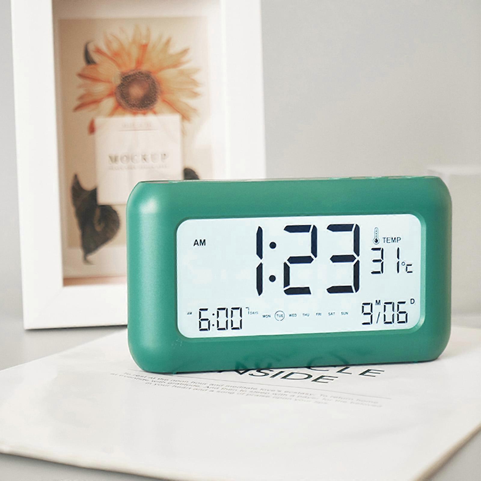 Smart Alarm Clock with 170° Wide LCD, Date/Temp/3 Alarms, Night Light, Rechargeable - Compatible with Smart Appliances