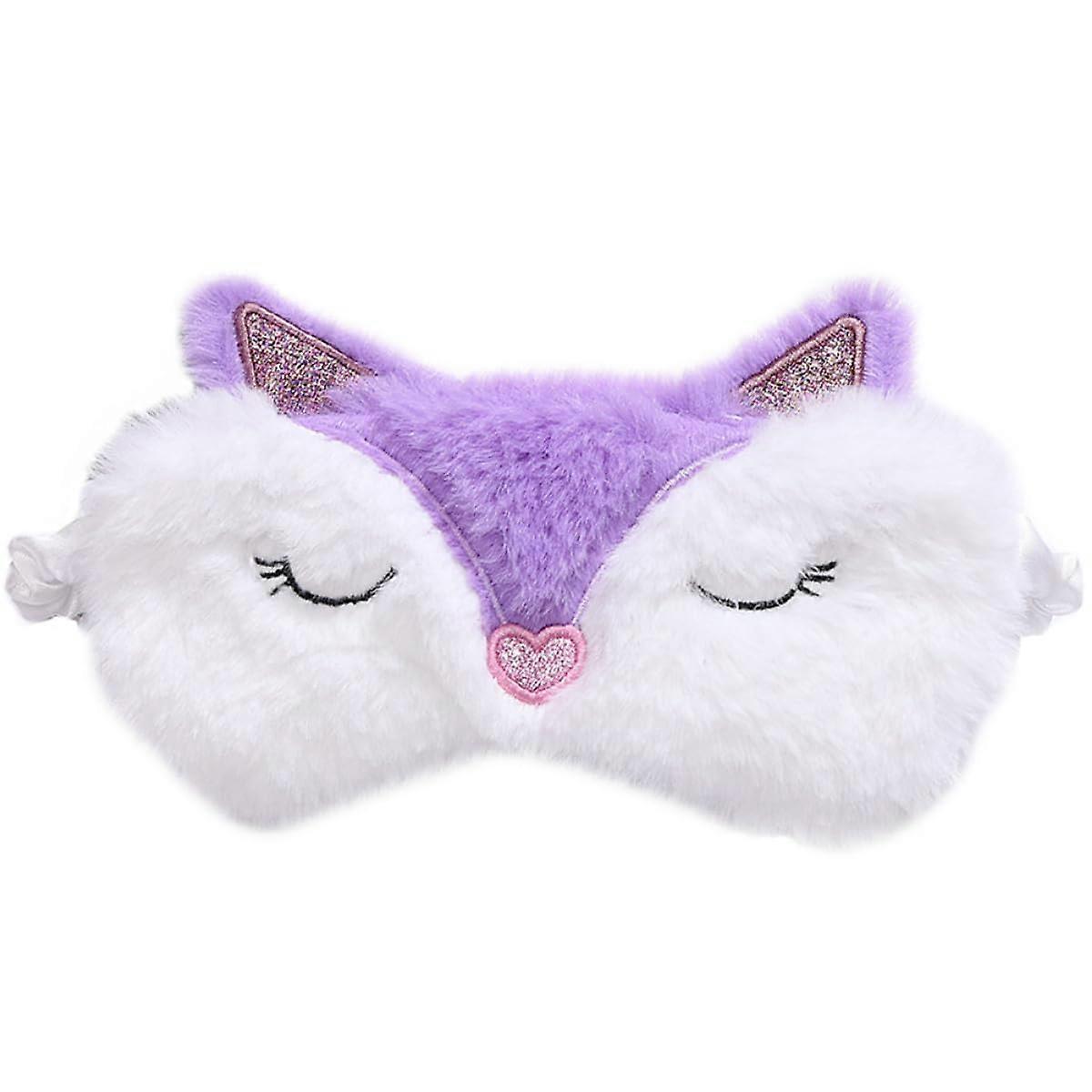 Plush Fox Sleep Eye Mask with Adjustable Strap for Travel Night Use Light Blocking Purple White