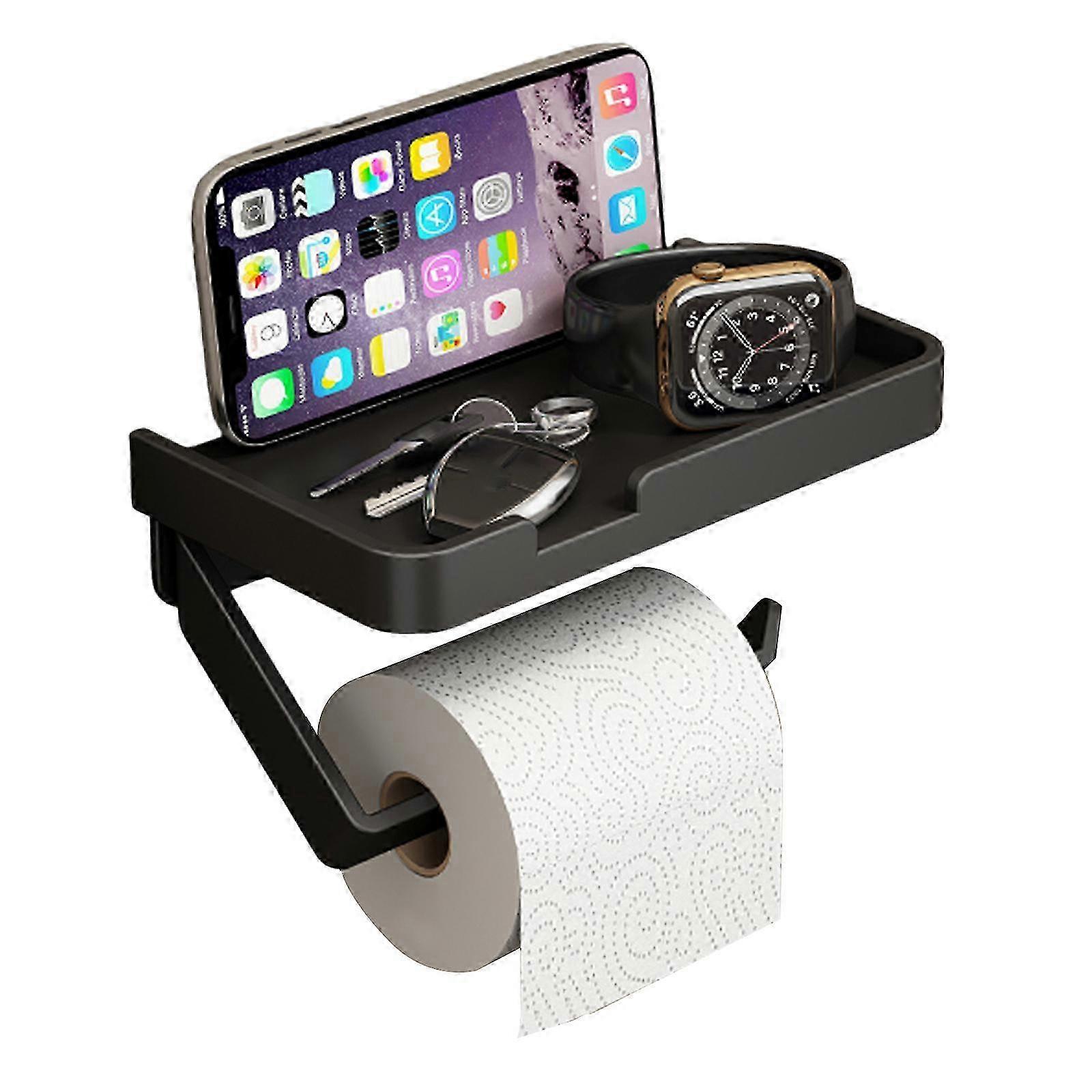 Toilet Paper Holder with Phone Shelf , Towel Robe Hooks, Roll Storage Dispenser