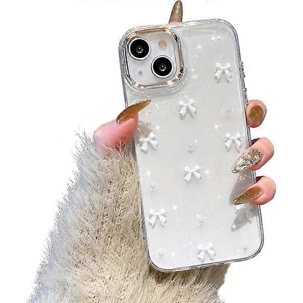 Bling Glitter 3D Bowknot Case compatible with iPhone 15 Plus, Sparkly Crystal Clear Slim Soft Durable Protective Case White