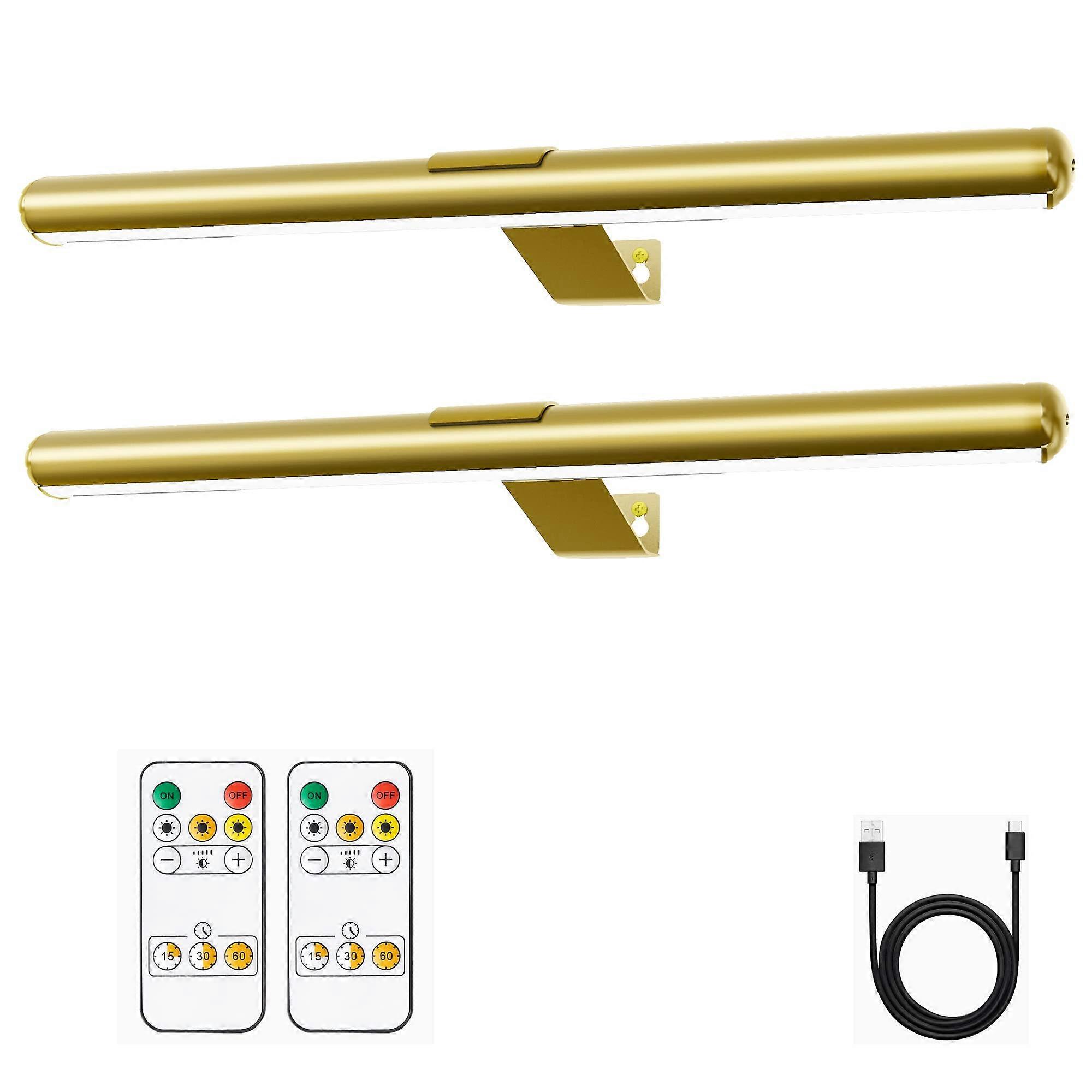 Wireless Rechargeable LED Picture Light 16 Inch 2 Pack with Remote, 3Color Dimmable Gold Art Lamp for Wall Portraits and Gallery