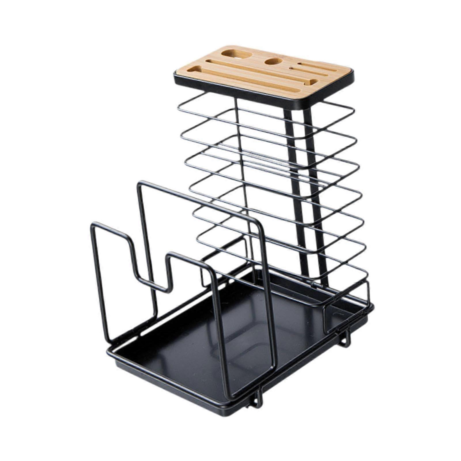 Kitchen Storage Rack with Draining Tray, Chopping Board and Pot Lid Organizer Shelf Black